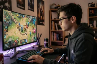 Joueur de League of Legends concentré devant son écran de jeu avec interface MOBA visible