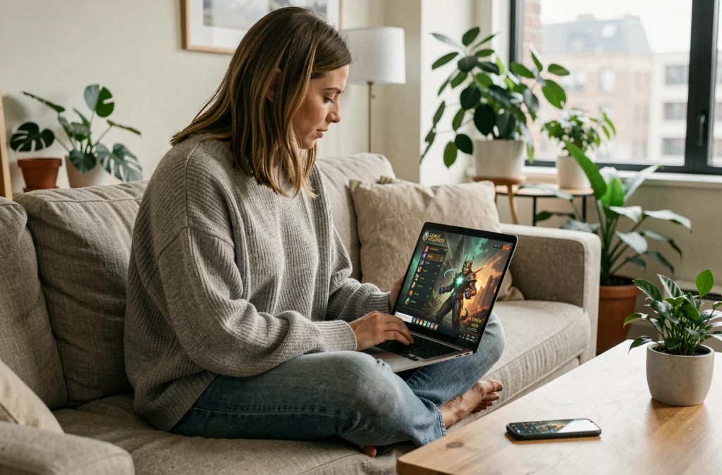 Joueuse de League of Legends consultant les statistiques de connexion sur ordinateur portable depuis son salon