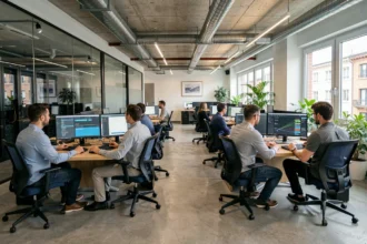 Équipe de techniciens informatiques travaillant dans un bureau moderne en open space à Toulouse, avec écrans de supervision réseau et baies de serveurs visibles en arrière-plan