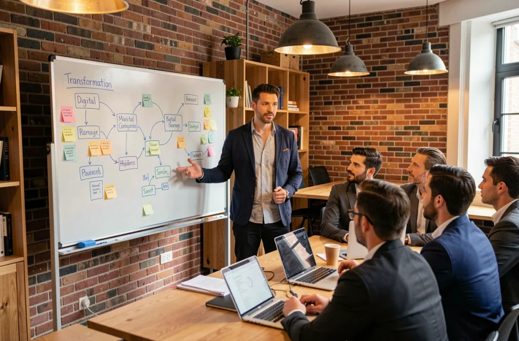 Consultant MoveNext animant un atelier de transformation numérique pour des dirigeants d'entreprise dans un espace de coworking moderne