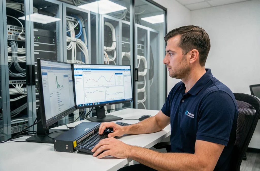 Technicien informatique de NowTeam configurant un switch réseau dans un bureau de PME à Blagnac, avec salle serveur visible en arrière-plan