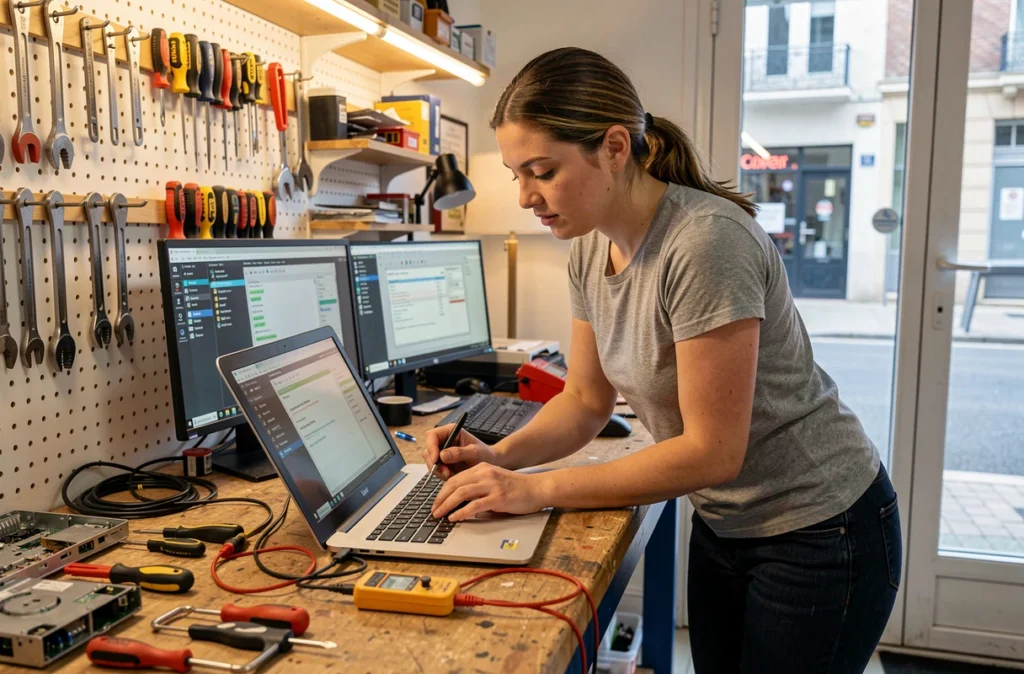 Technicienne de Reset Informatique diagnostiquant un ordinateur portable sur un établi dans l'atelier de dépannage du quartier des Minimes à Toulouse