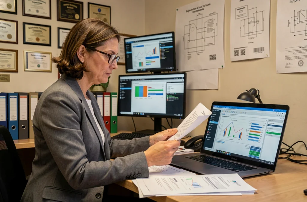 Consultante SCMIA examinant des documentations techniques spécialisées dans un bureau privé avec certifications et tableaux de bord logiciels en arrière-plan