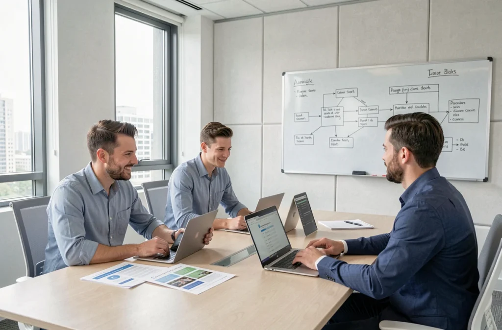 Équipe Symexo en réunion avec un client entreprise pour présenter des services informatiques et un plan d'accompagnement numérique
