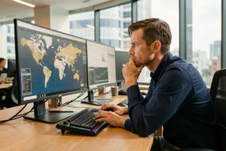 Technicien informatique analysant la géolocalisation d'une adresse IP sur un écran affichant une carte du monde avec coordonnées précises