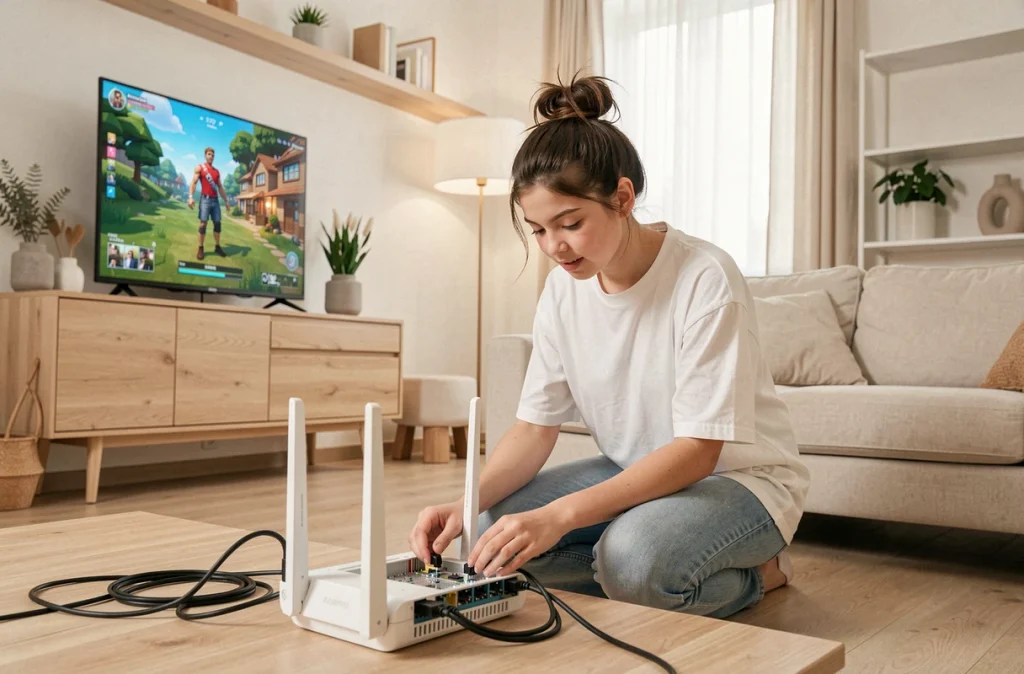 Jeune fille vérifiant les câbles ethernet et le routeur Wi-Fi pour résoudre un problème de connexion Fortnite