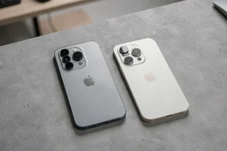 Comparaison de taille entre iPhone 12 et iPhone 12 Pro posés côte à côte sur une surface en béton, vue du dessus