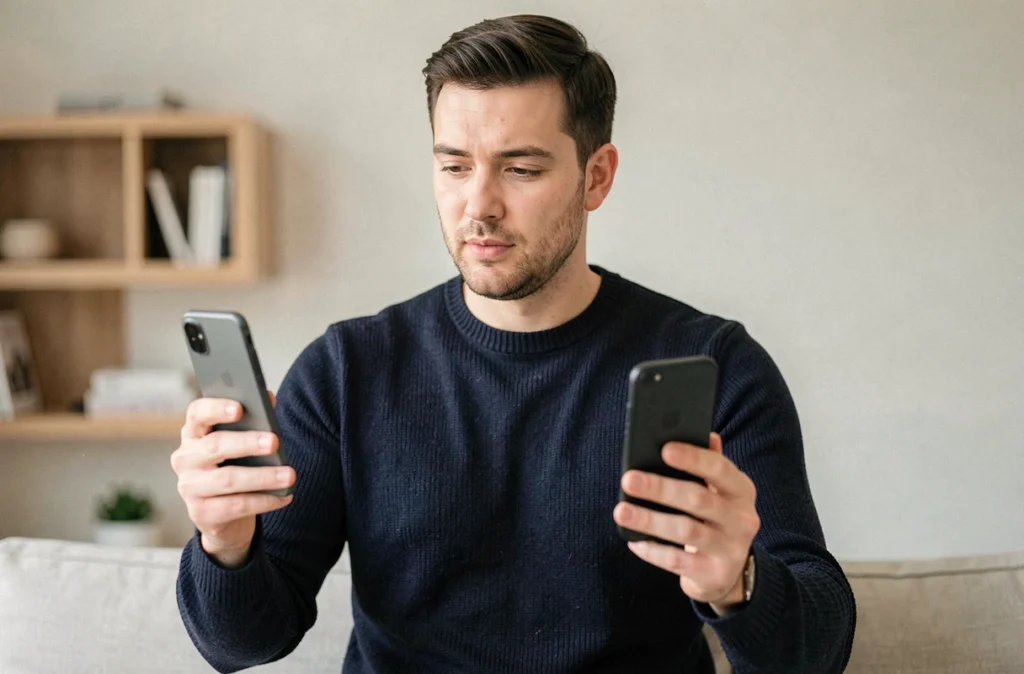 Homme tenant un iPhone 12 et un iPhone 12 Pro dans chaque main pour comparer leur taille et leur prise en main