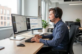 Technicien d'assistance informatique au poste avec casque et deux écrans